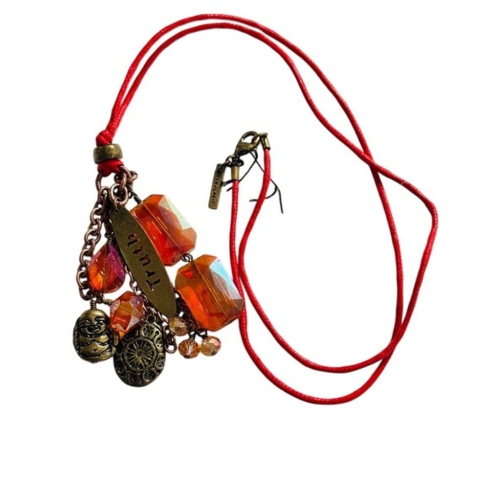 Mythologie peace Buddha charm tassel Necklace Crystal Orange silk Rope 30"‎ long